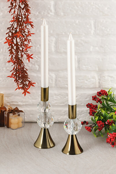 TR Turan Collection BELLA 2'li Şamdan Şeffaf Kristal Taş Dekorlu Eskitme Renk...