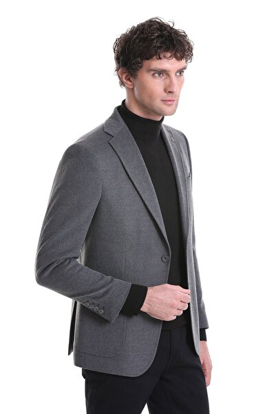 Hatemoğlu Gri Slim Fit Düz Mono Yaka Casual Ceket