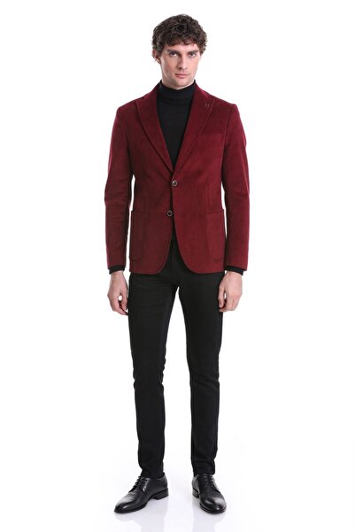 Hatemoğlu Claret Red Slim Fit Plain Mono Collar Cotton Velvet Jacket