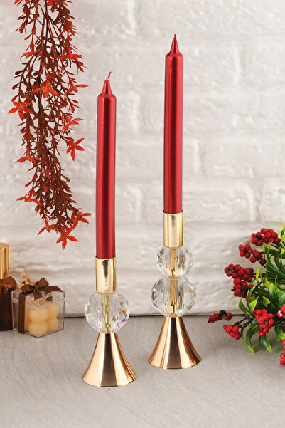 TR Turan Collection BELLA 2'li Şamdan Şeffaf Kristal Taş Dekorlu Gold Renk Mu...