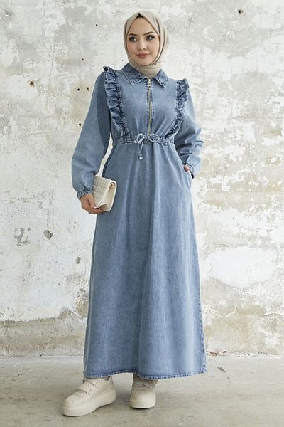 InStyle Rochie din denim cu curea tunel cu volante - Albastru