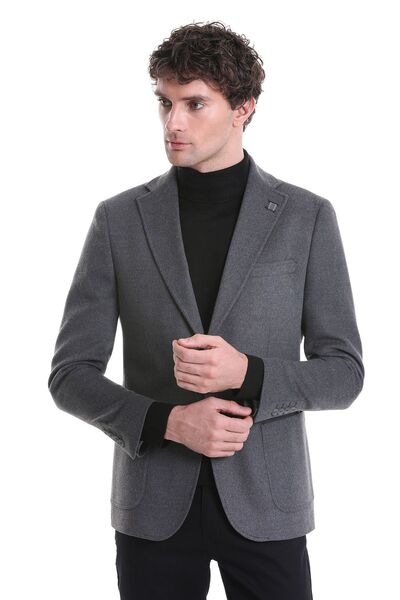 Hatemoğlu Gri Slim Fit Düz Mono Yaka Casual Ceket
