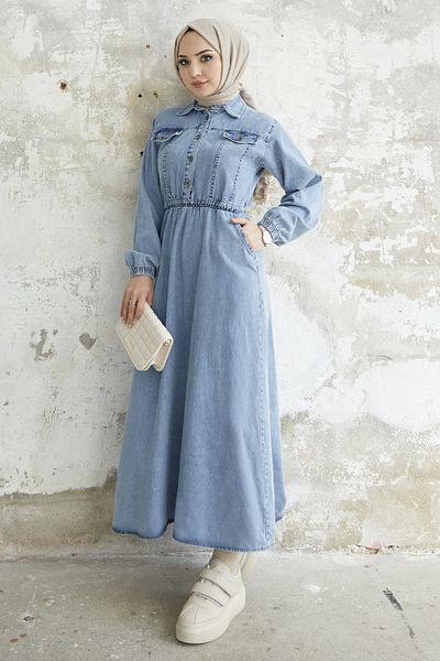 InStyle Τζιν Φόρεμα με κουμπιά με λάστιχο μέσης - γαλάζιο