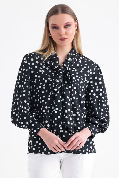 MD trend Women's Tie Collar Polka Dot Patterned Balloon Sleeve Oversize Shirt with Shoulder Gather Detail