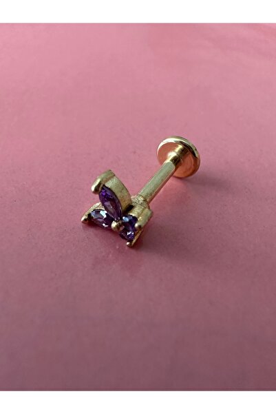 Amor Center Çelik 316L Zirkon Taşlı Kelebek Tragus Kıkırdak Küpesi-Dudak Pier...