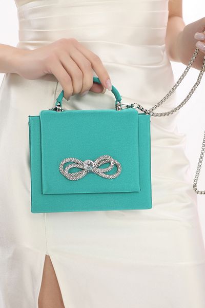 Piedra Green Color Satin Fabric Hand-held and Hanging Evening Dress Bag with Stones and Magnetic Cover Width: 17.5 Cm Length: 14 Cm