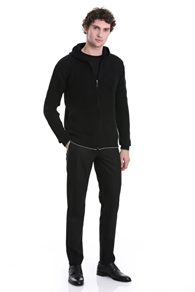 Hatemoğlu Black Regular Fit Jacquard Half Zipper Hooded Sweater