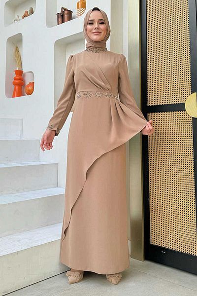 Bym Fashion Βραδινό Φόρεμα Cross Look Πέτρινο Κεντημένο με Φούστα 3874 Mink