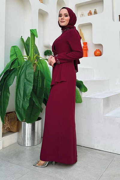 Bym Fashion Cross Look Stone Embroidered Evening Dress with Skirt 3874 Claret Red