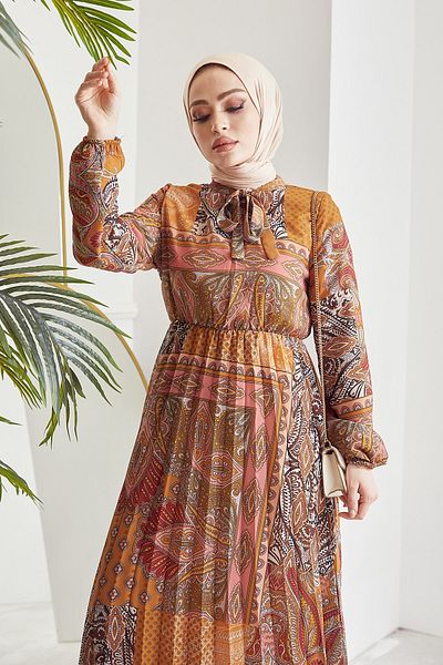 InStyle Elinor Shawl Pattern Πλισέ Φόρεμα Hijab Chiffon - Μουστάρδα