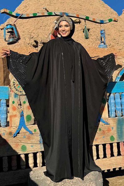 Bym Fashion Stone Printed Scarf Collar Abaya 7880 Black