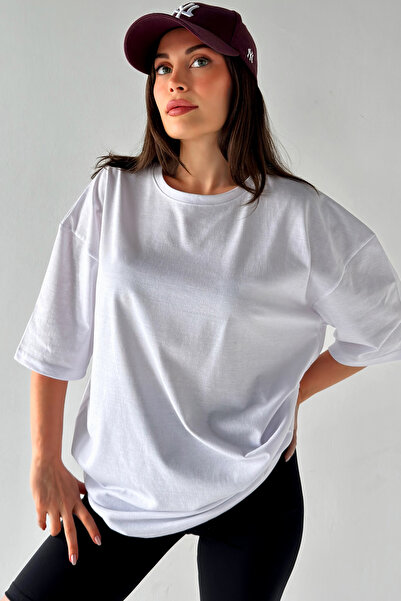 MODAGEN Tricou supradimensionat unisex alb de culoare uni