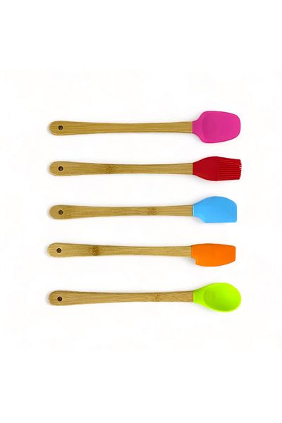 ELZEY HOME Bamboo Handle Colorful Silicone Tip 5-Piece Dinner Spoon Set 23 cm