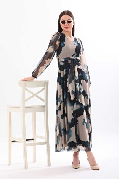 CİXAPLE Baskılı V Yaka Maxi Boy Elbise