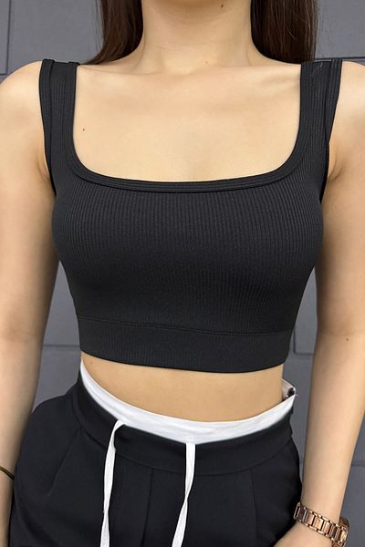 Sun Victoria Women's Black Square Neck Corded Crop Blouse