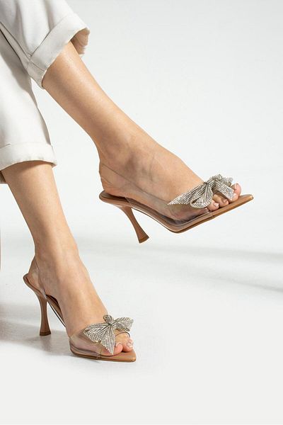 SHOW LİFE Silver bow transparent 9cm heeled women's shoes