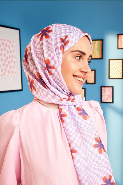 Modakaşmir Checker Cotton Shawl Coral
