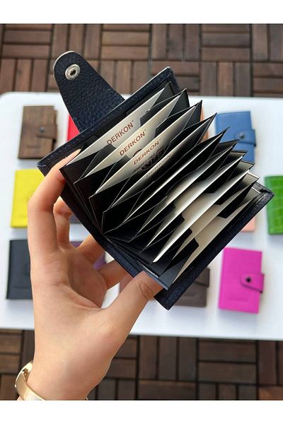 DERKON 100% Genuine Leather Accordion Card Holder Navy Color