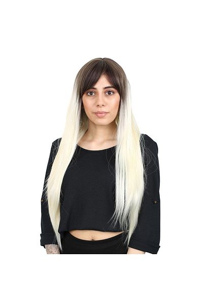 KONAK PERUK Long Straight Bangs Fiber Synthetic Wig - Light Brown/Platinum Ombreli