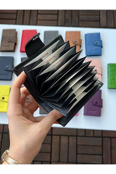 DERKON 100% Genuine Leather Accordion Card Holder Black Color