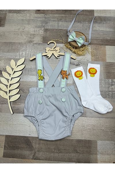 Feriatolye Safari Concept Lion Tiger Giraffe Themed Gray Baby Boy Salopet