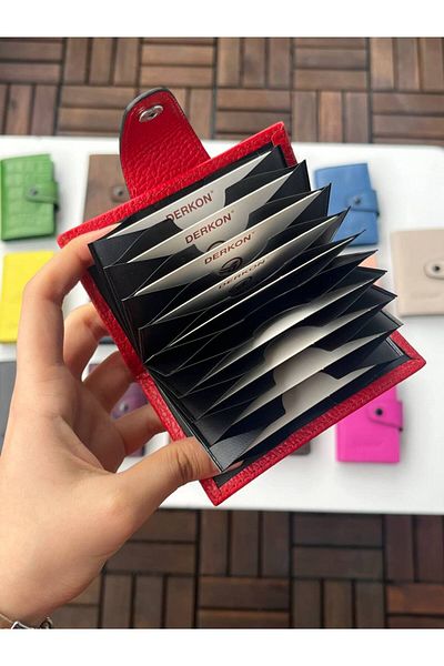 DERKON 100% Genuine Leather Accordion Card Holder Red