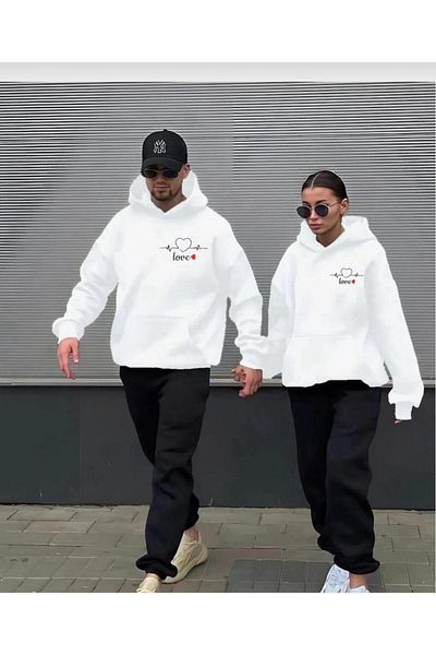 PERISENSE Unisex Γυναικείες Ανδρικές φόρμες Lover Couple Combination Love Printed Hooded Bottom-Top Σετ φούτερ 2 τεμαχίων