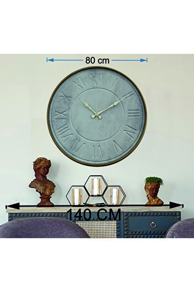 Markakanvas Altın Renkli Metal Kasalı Beton Renkli Duvar Saati 80x80cm