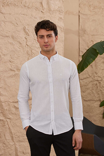 Cosmen قميص رجالي من الكتان العادي بقصة ضيقة