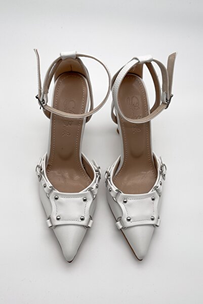 Shoebutik Rock White Leather Ankle Band Pin Detailed Women's Heeled Shoes