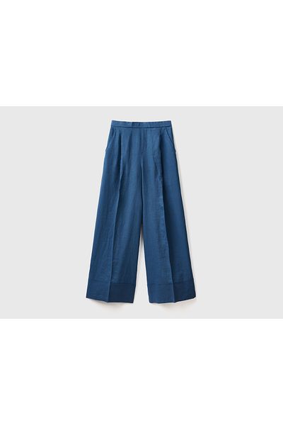 United Colors of Benetton Navy Blue Linen Women's Trousers - 100% Linen, Elastic Waist, Wide Cut