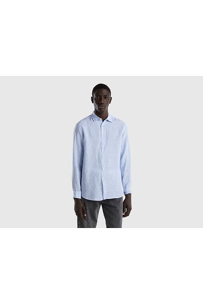 United Colors of Benetton Ανδρικό πουκάμισο μπλε-λευκό 100% λινό