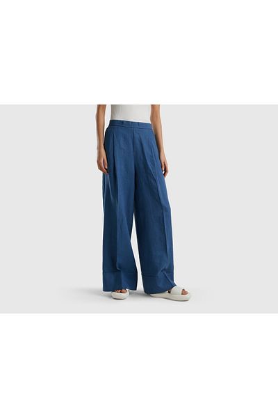 United Colors of Benetton Navy Blue Linen Women's Trousers - 100% Linen, Elastic Waist, Wide Cut