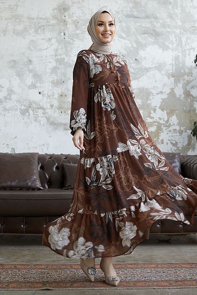 InStyle Šaty Jalya Buttoned Golier Stringed Šifón - hnedé