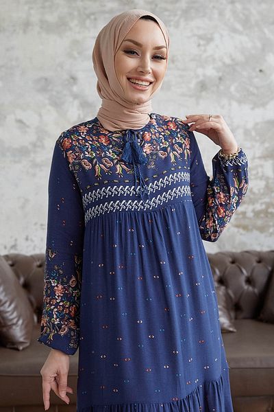 InStyle Φόρεμα Casual Hijab με υδάτινο σχέδιο - Navy Blue