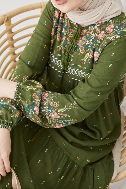 InStyle Watery Patterned Casual Hijab Dress - Khaki