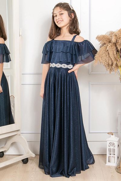 SUBU TASARIM Navy Blue Glittered Tulle Evening Dress - Mdv314 with Ruffle Detail