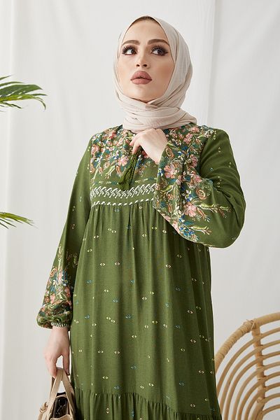 InStyle فستان حجاب كاجوال منقوش مائي - كاكي
