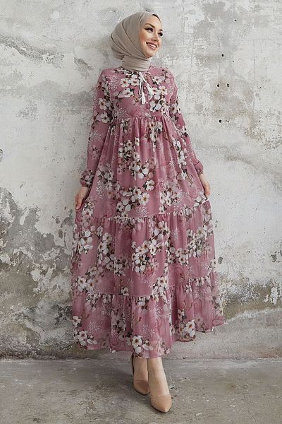InStyle Liviza Pattern Tassel Detailed Chiffon Dress - Dusty Rose