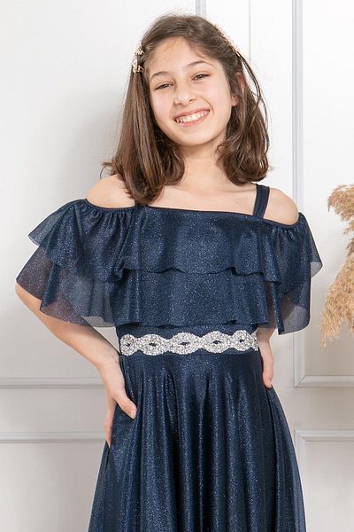 SUBU TASARIM Navy Blue Glittered Tulle Evening Dress - Mdv314 with Ruffle Detail
