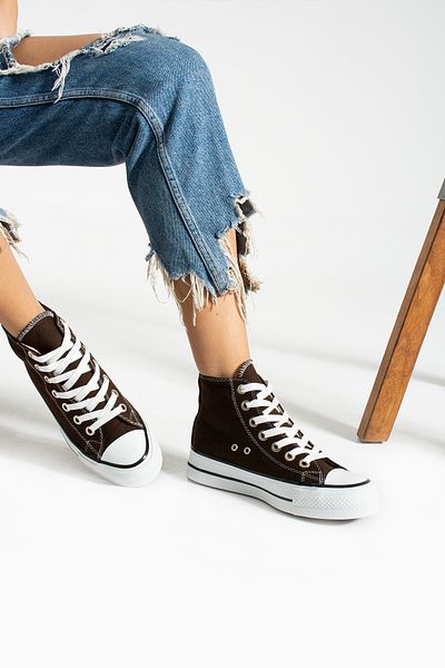 Trendpink Καφέ λινό [Ψηλή σόλα (4 cm)] Casual ψηλό Unisex Sneaker