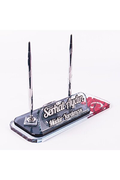 Ofistike Türk Bayrağı Baskılı Gümüş Masa Isimliği Iki Kalemli Saat Masa Üstü ...