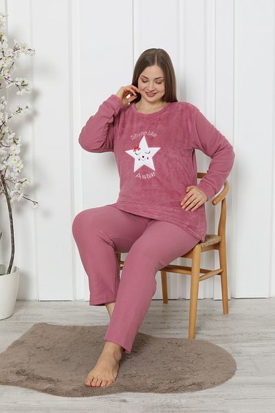 FAMES PİJAMA Plus Size Women's Pajama Set Wellsoft Polar Shine Pink