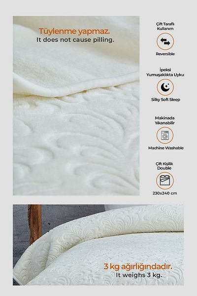 Evlen Home Collection 3 Kg Embos Printed Pamela Thick Double Blanket 230x240 Cm Cream