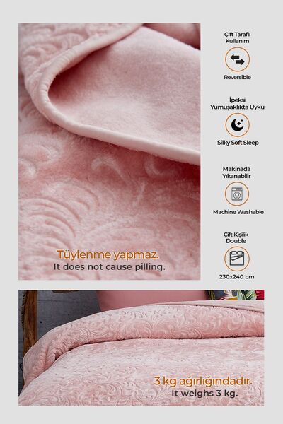 Evlen Home Collection 3 Kg Embos Printed Pamela Thick Double Blanket 230x240 Cm Powder