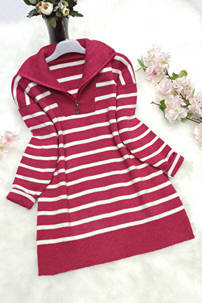 CHITI PITI Pulover de damă, cu guler cu fermoar, cu dungi, tricotaj fucsia