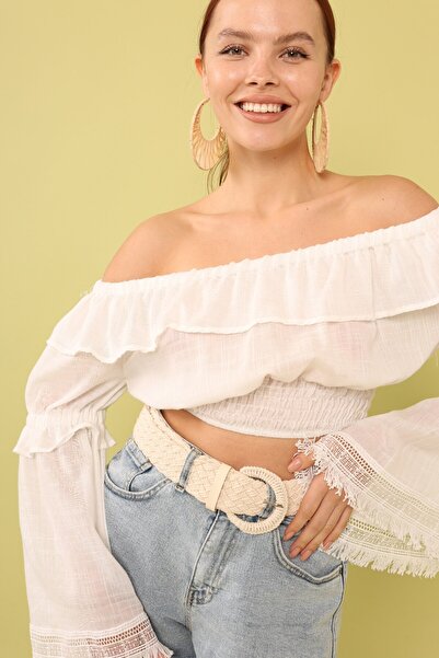 Lusin Γυναικεία λευκή μπλούζα με γιακά Madonna