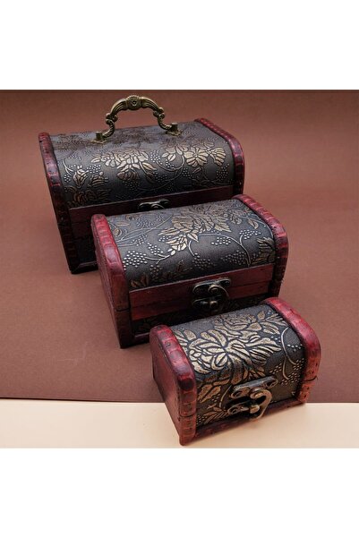 baytoptan 3'lü Ahşap Deri Sandık Kutusu