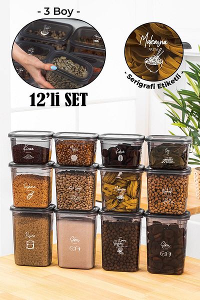 Vienev Set of 12 Peggy Rectangular Storage Containers with White Screen Printing Label 4x(1500-1150-800 Ml) Anthracite