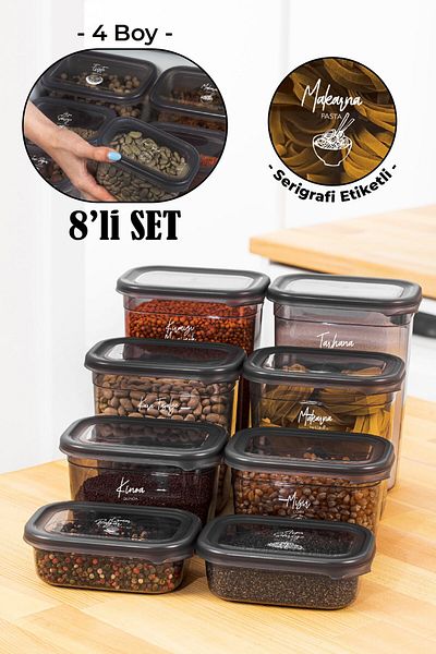 Vienev 8-Piece Rectangular Storage Set with White Screen Printing Label 2x(1500-1150-800-400 ml) Anthracite